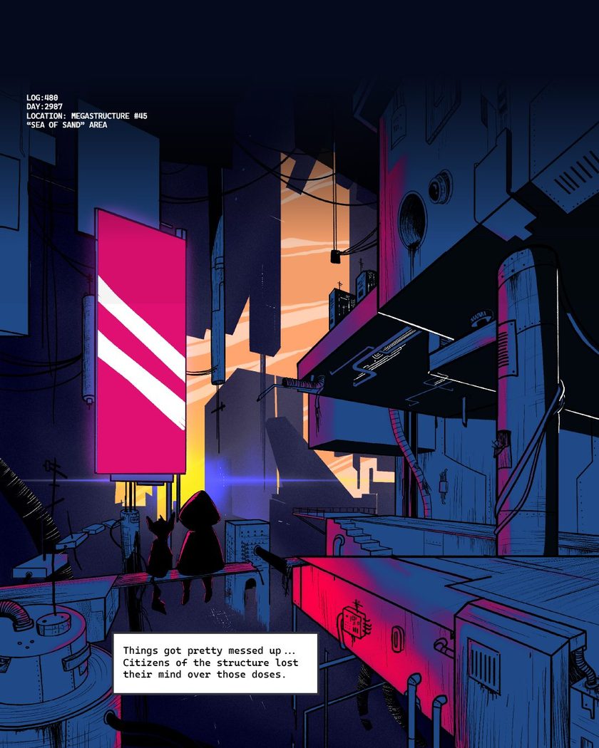 Desert Arc cover: a lone figure in a neon megastructure city